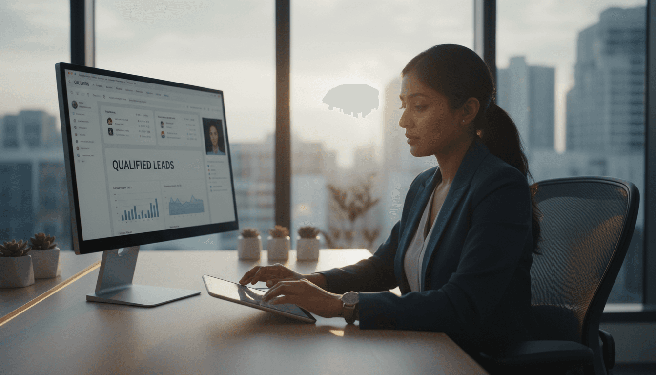 Real estate agent reviewing qualified seller leads on laptop in professional office environment