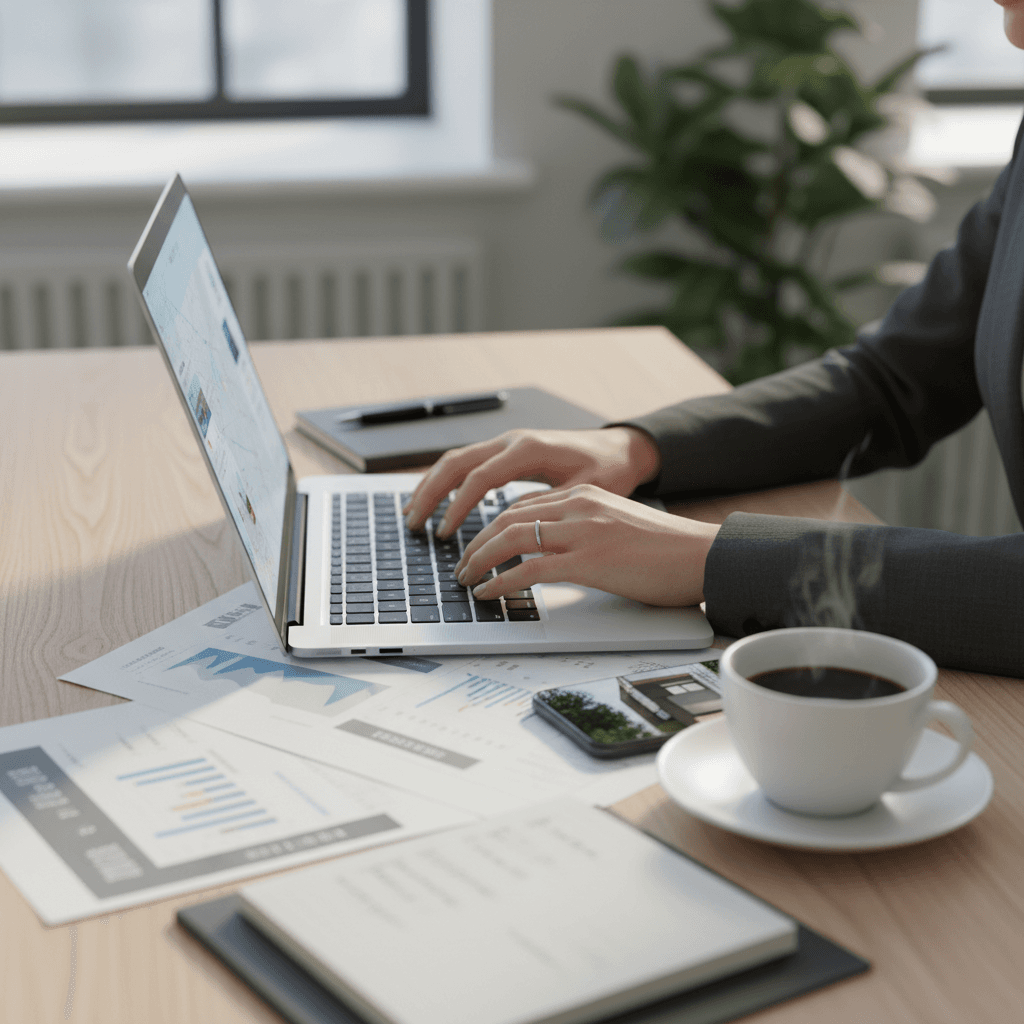 Real estate agent's hands typing at laptop desk with property documents and smartphone nearby, natural window lighting